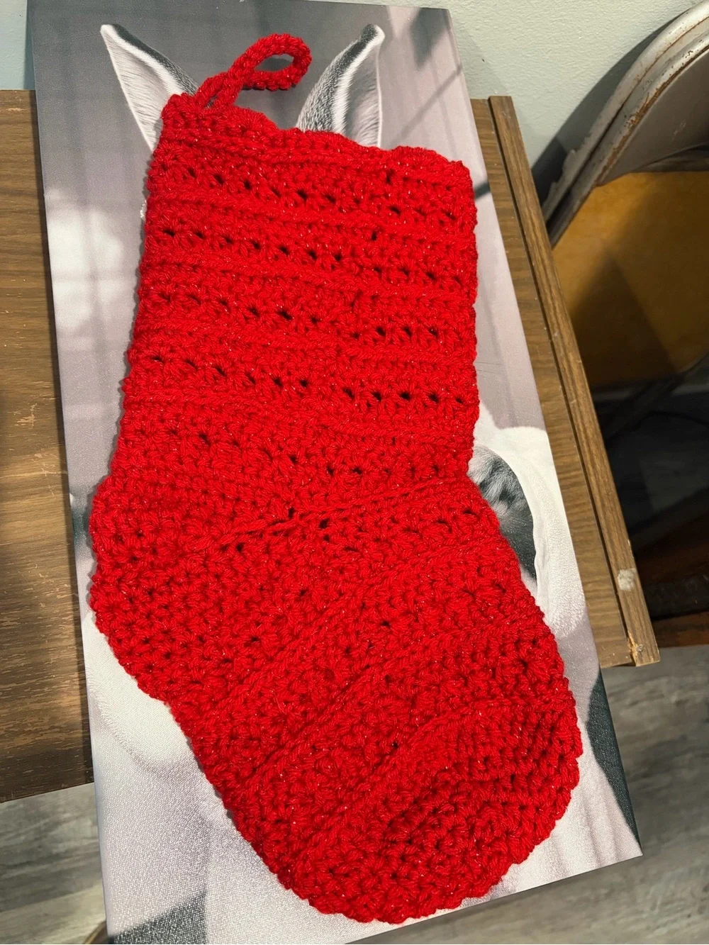 Handmade Red Tinsel Crochet Christmas Stocking Sparkly Holiday Mantel Decor